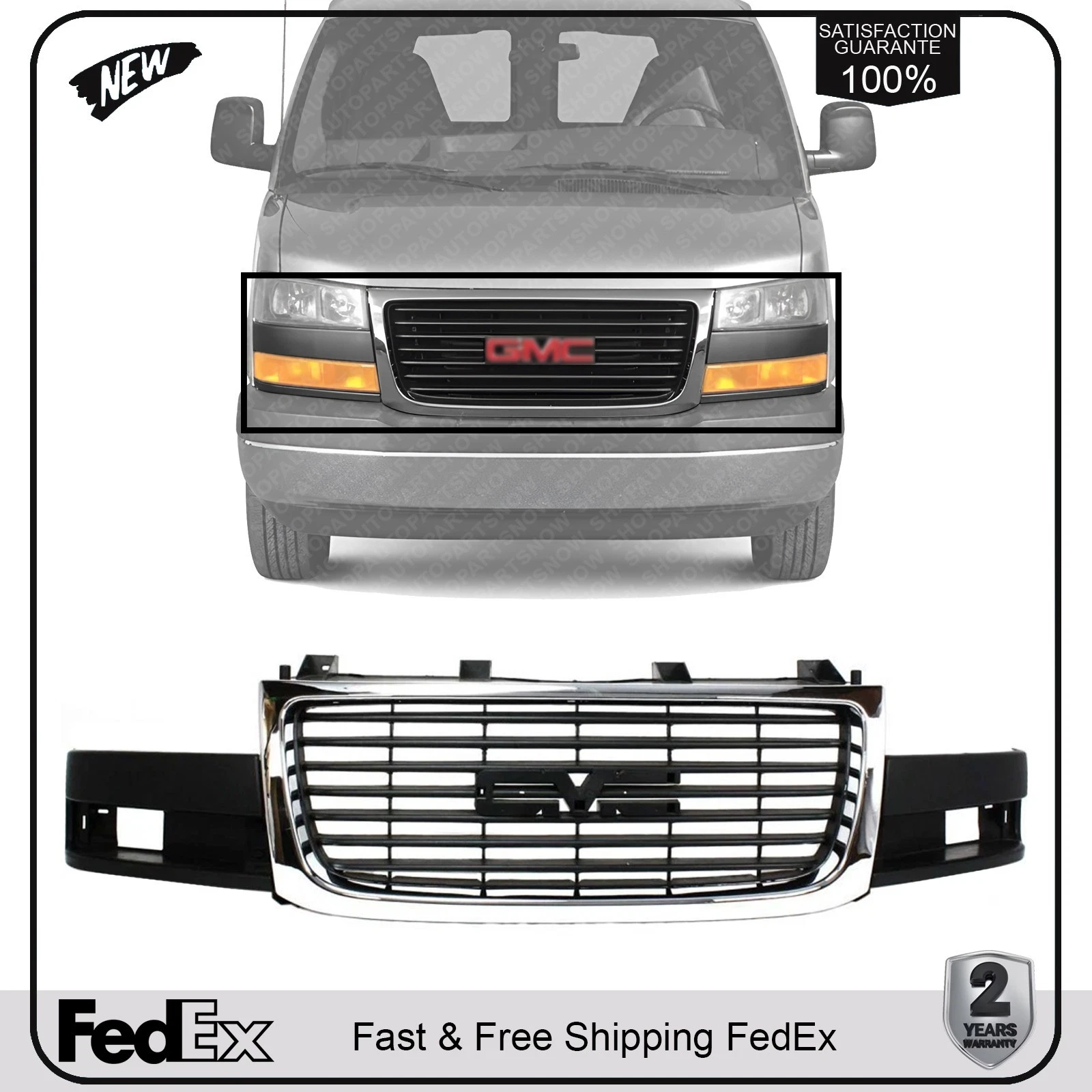 Front Grille Chrome Shell with Painted Black Insert For 2003-2023 GMC Savana Van