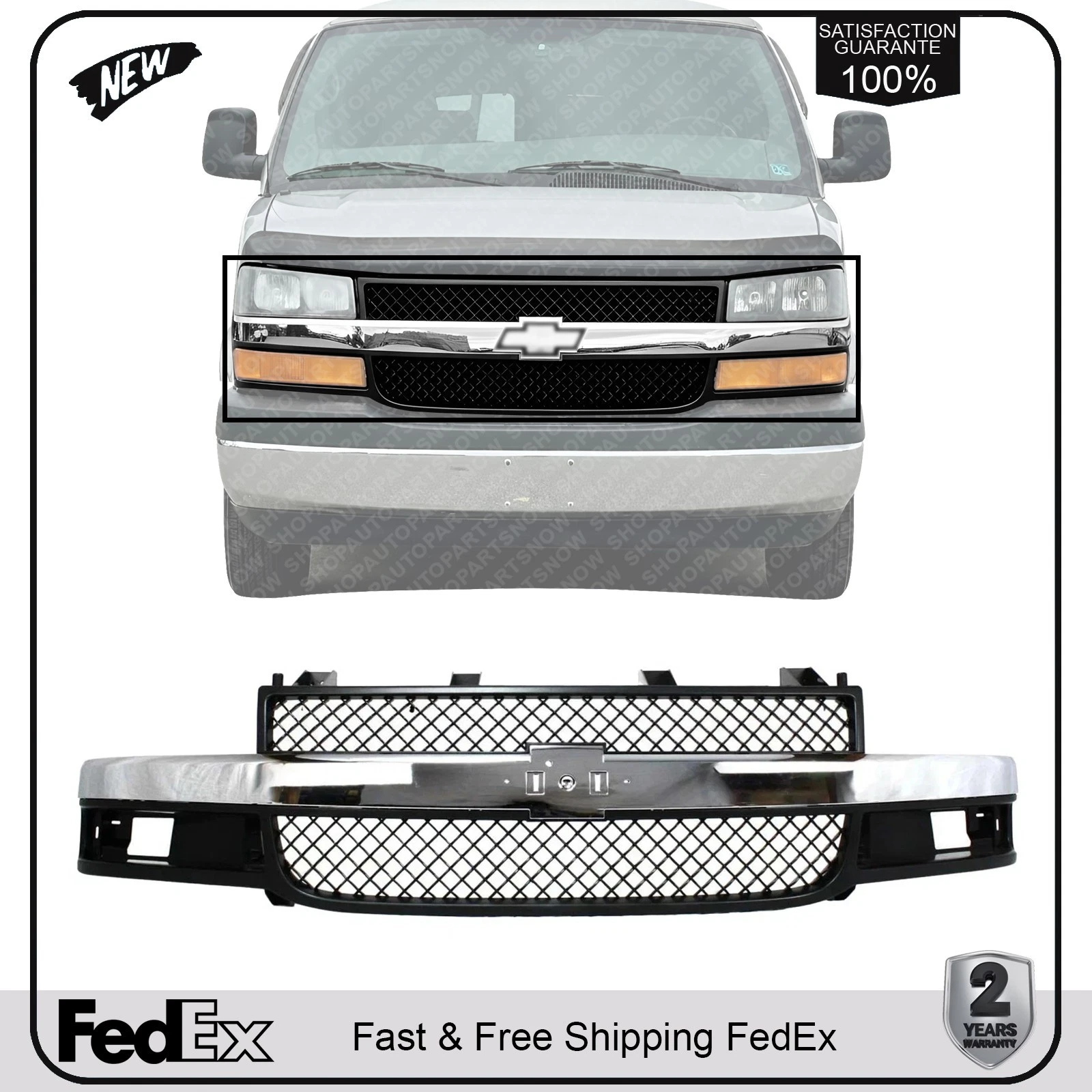 Front Grille Assembly With Center Chrome Bar For 2003-23 Chevy Express 1500-3500